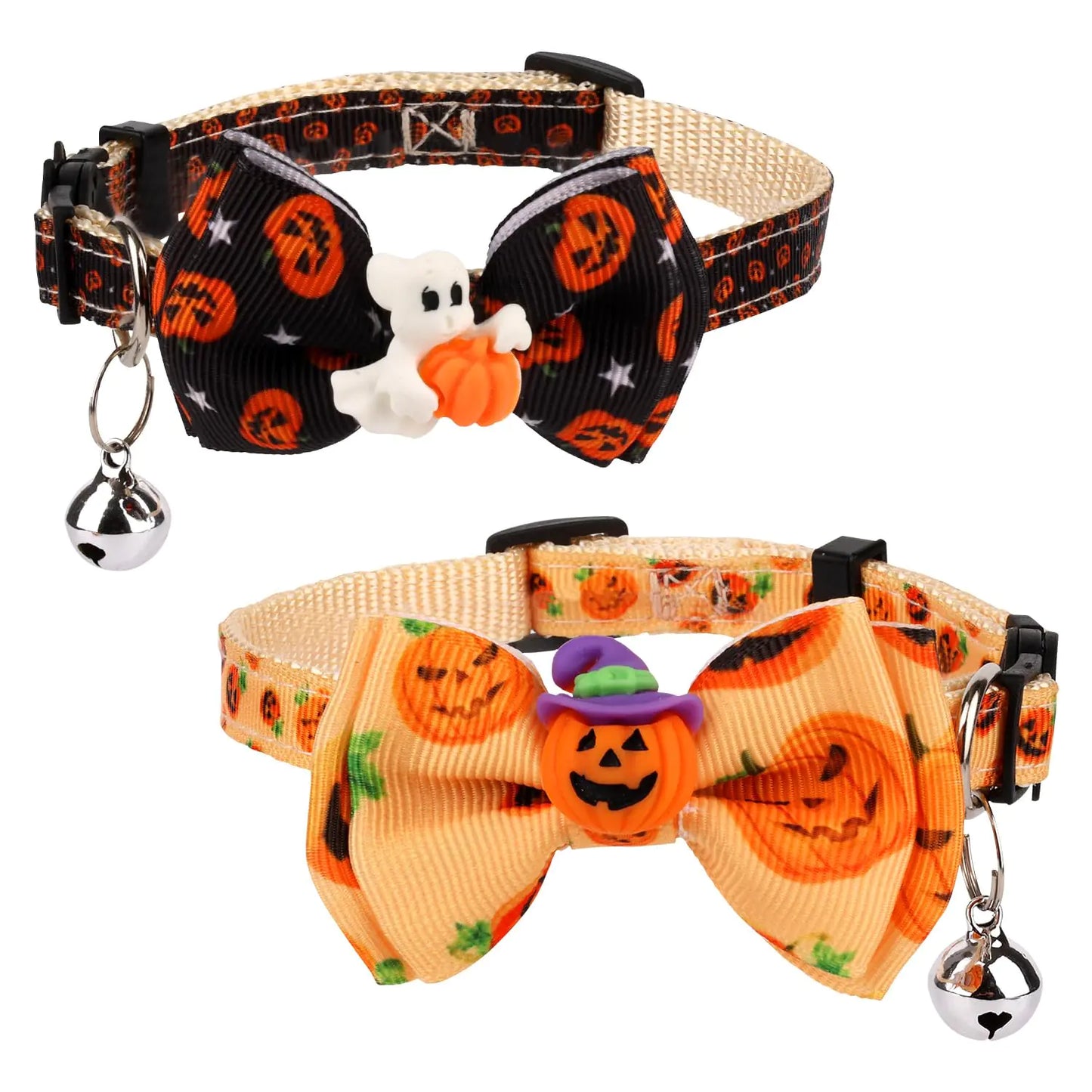 2pcs Halloween Cat Collar Adjustable Cat Collar with Bow Printed Pumpkin Ghost Pattern Cat Collar Breakaway with Silver Bell Cute Collar for Kitten Puppy