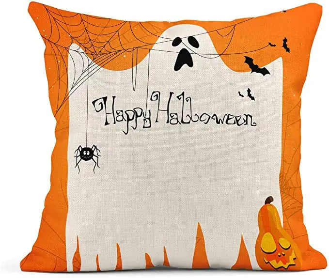 Halloween Orange Ghost Linen Pillow Cover