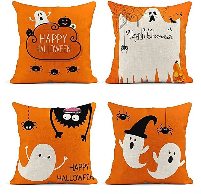 Halloween Orange Ghost Linen Pillow Cover