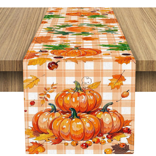 Fall Decoration for HomeOrange Buffalo Plaid Pumpkin Autumn Table RunnerThanksgiving Holiday Harvest Decorationfor Indoor Outdoor Kitchen Table Farmhouse Party Theme Decoration，13*108 Inch