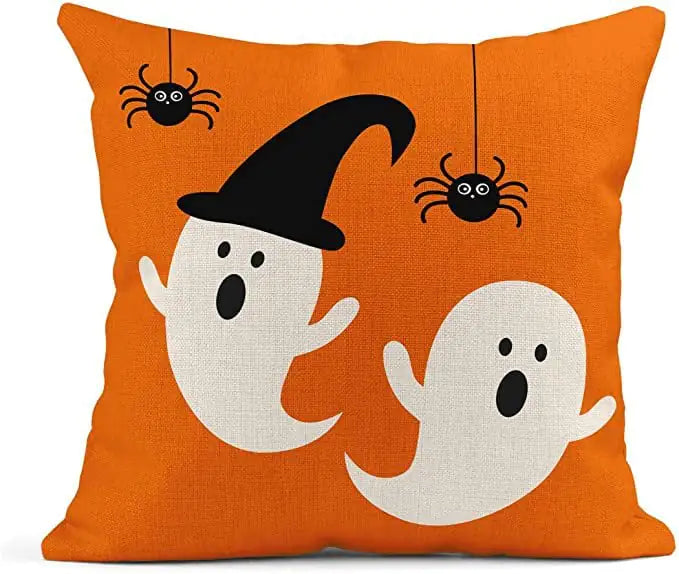 Halloween Orange Ghost Linen Pillow Cover