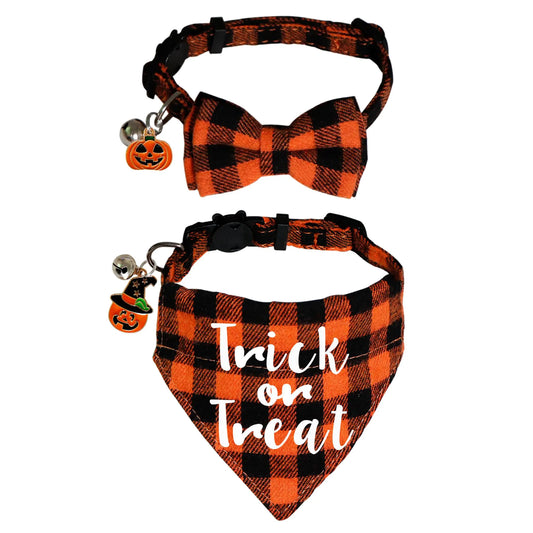 STMK 2 Pack Halloween Cat Collars Breakaway with Bowtie Bandana Bell Adjustable Halloween Cat Kitten Collar with Bowtie Bandana Bell Pumpkin for Halloween Cats Kittens Costumes Outfits