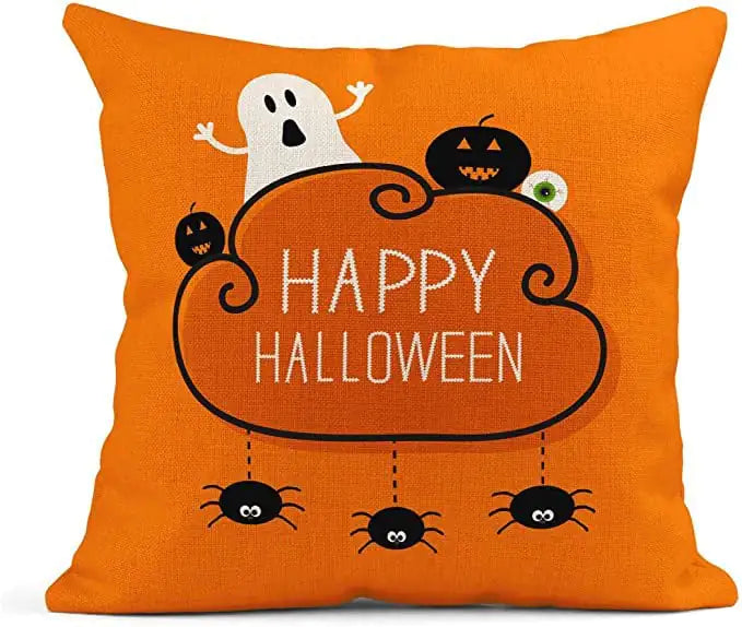 Halloween Orange Ghost Linen Pillow Cover