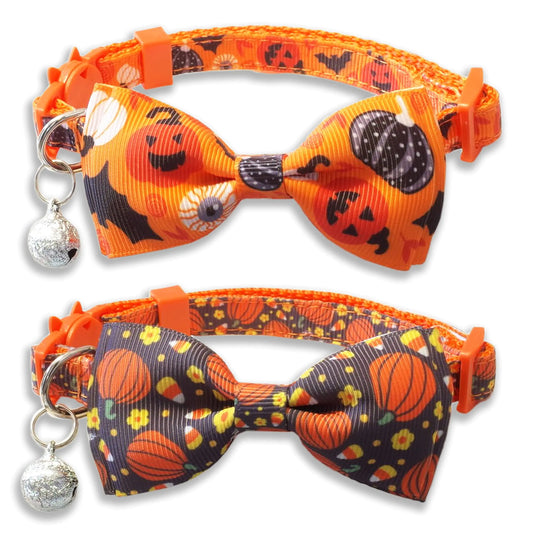 2 Pack Halloween Cat Collar with Bow Tie and Bell Holiday Pumpkin Candy Corn Collar for Kitty Kitten Girls and Boys Cats