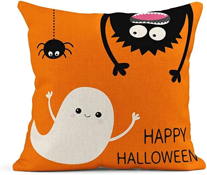 Halloween Orange Ghost Linen Pillow Cover