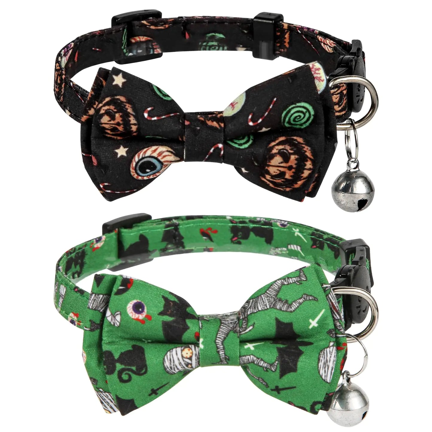 2pcs Halloween Cat Collar 11.8x0.39 Inch Adjustable Cat Collar with Bell Halloween Cat Collar Bow Tie Pumpkin Print Kitty Collar for Dog Kitten Decoration Accessories(Green Black)